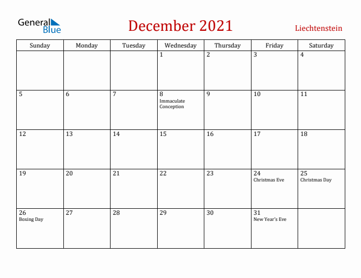 Liechtenstein December 2021 Calendar - Sunday Start