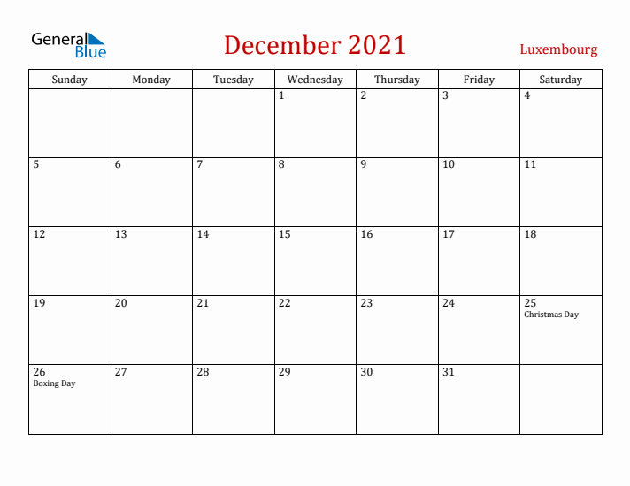 Luxembourg December 2021 Calendar - Sunday Start