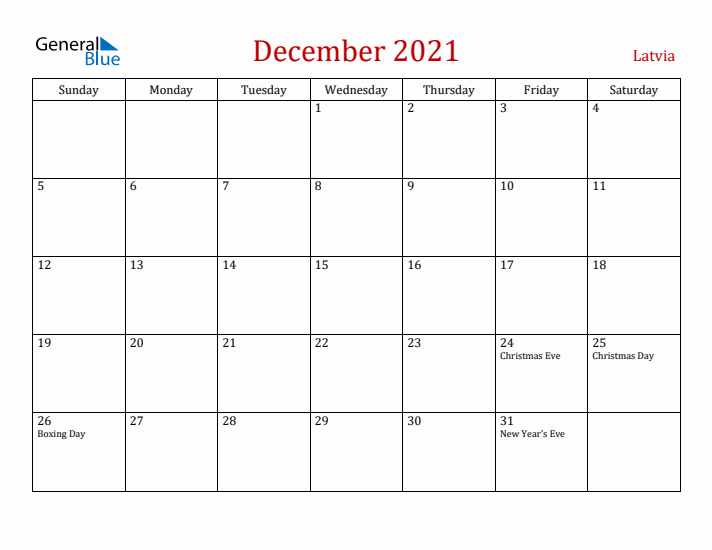 Latvia December 2021 Calendar - Sunday Start