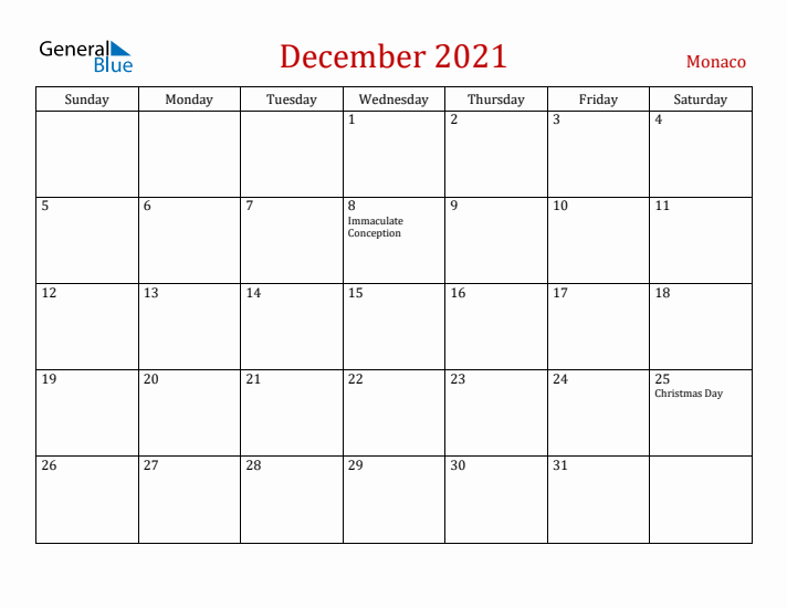 Monaco December 2021 Calendar - Sunday Start