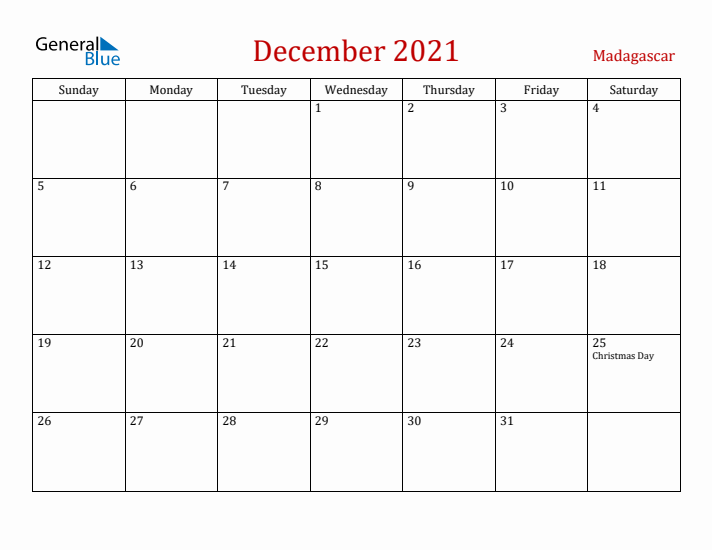 Madagascar December 2021 Calendar - Sunday Start
