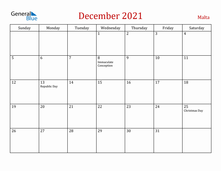 Malta December 2021 Calendar - Sunday Start