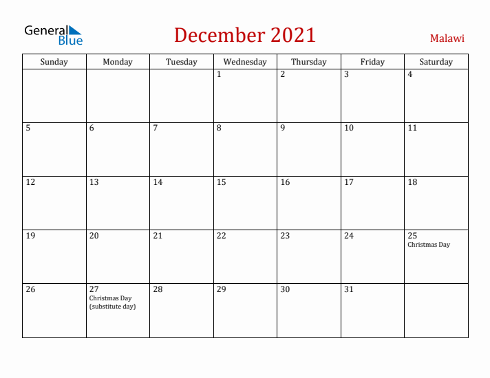 Malawi December 2021 Calendar - Sunday Start