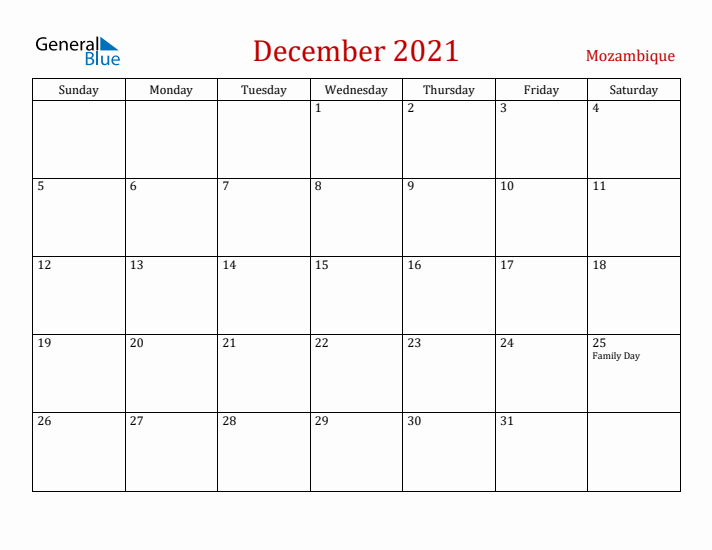 Mozambique December 2021 Calendar - Sunday Start