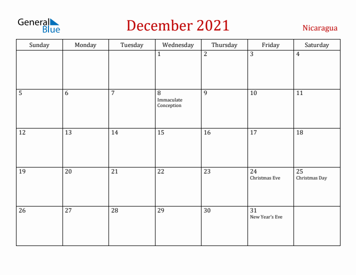 Nicaragua December 2021 Calendar - Sunday Start