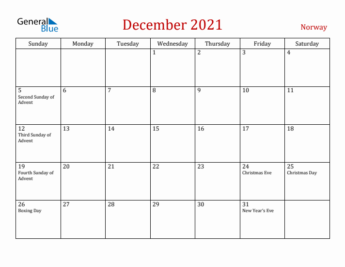 Norway December 2021 Calendar - Sunday Start