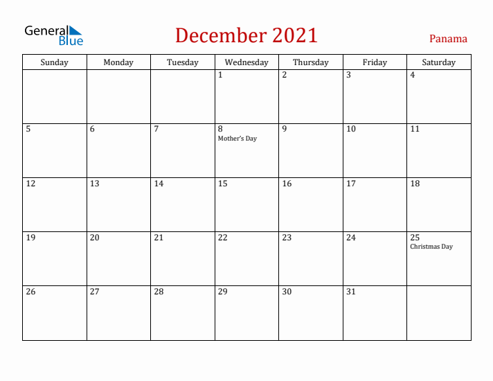 Panama December 2021 Calendar - Sunday Start