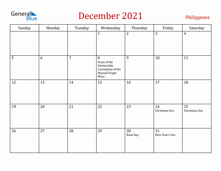 Philippines December 2021 Calendar - Sunday Start