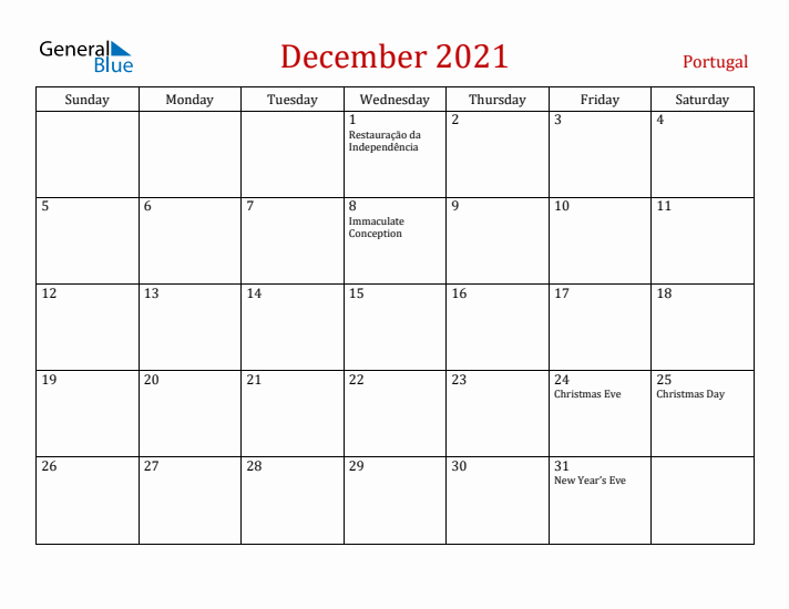 Portugal December 2021 Calendar - Sunday Start