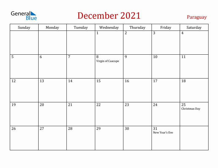 Paraguay December 2021 Calendar - Sunday Start