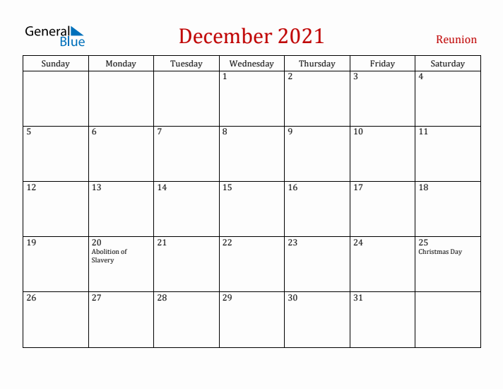 Reunion December 2021 Calendar - Sunday Start