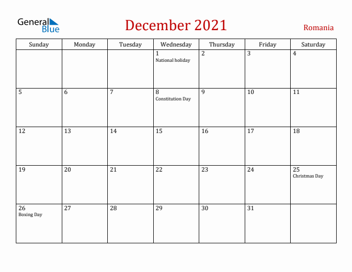 Romania December 2021 Calendar - Sunday Start