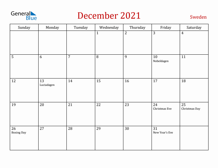 Sweden December 2021 Calendar - Sunday Start