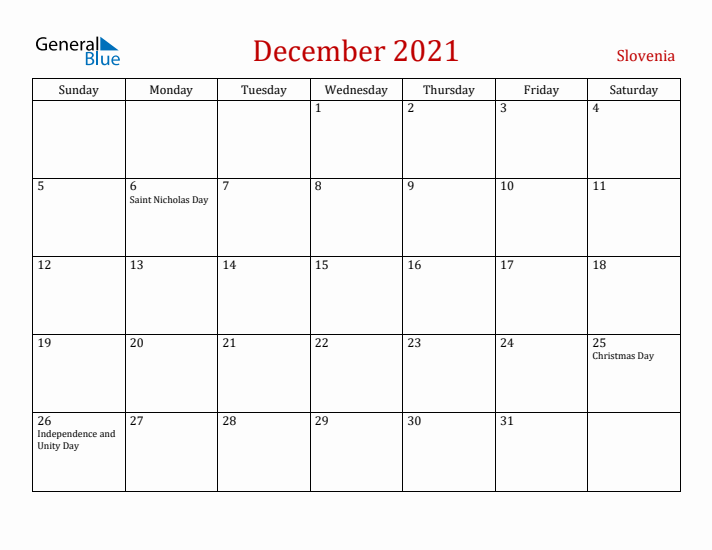 Slovenia December 2021 Calendar - Sunday Start