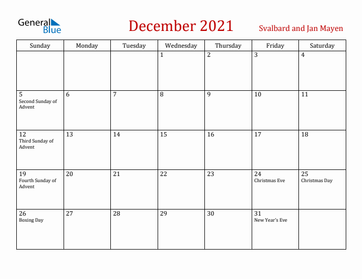 Svalbard and Jan Mayen December 2021 Calendar - Sunday Start