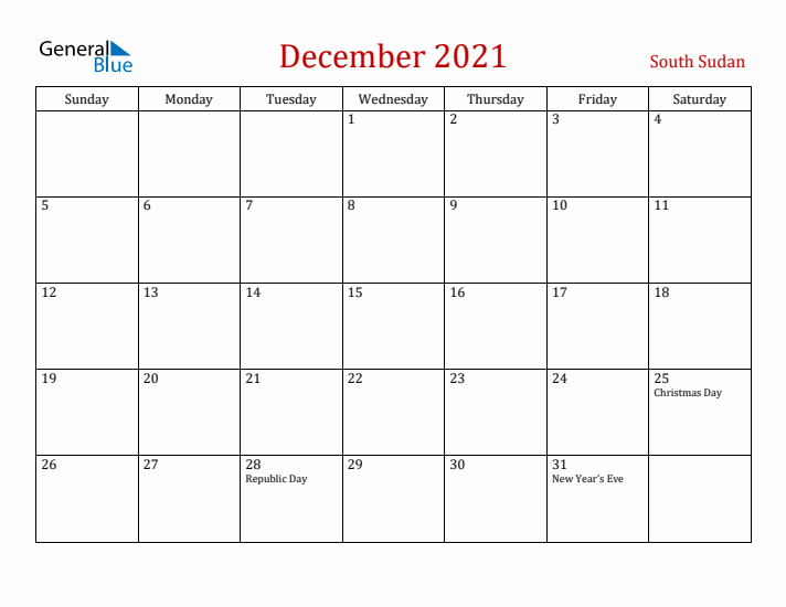 South Sudan December 2021 Calendar - Sunday Start