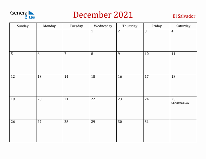 El Salvador December 2021 Calendar - Sunday Start