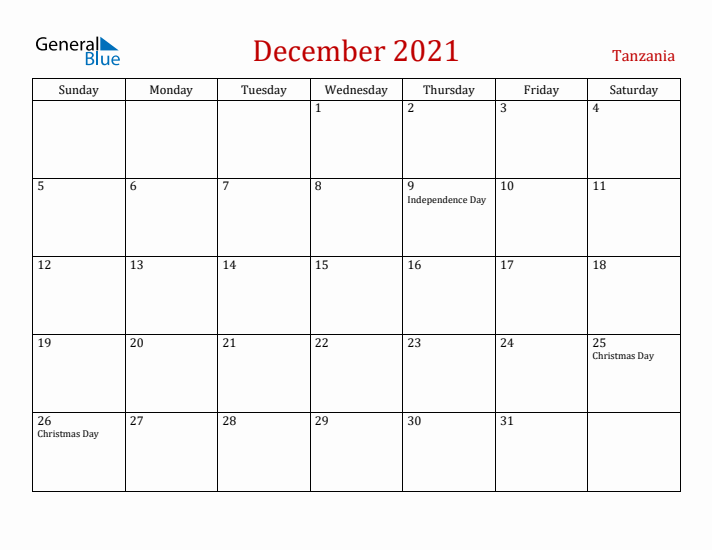Tanzania December 2021 Calendar - Sunday Start