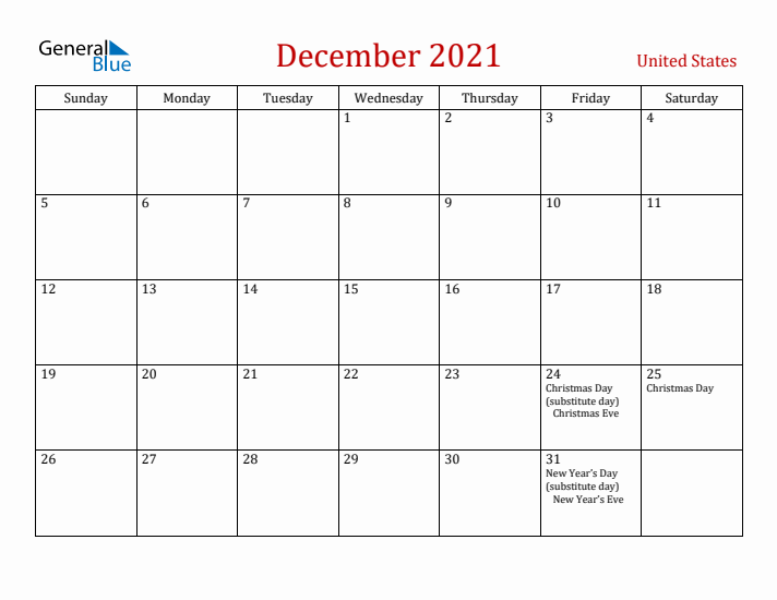 United States December 2021 Calendar - Sunday Start
