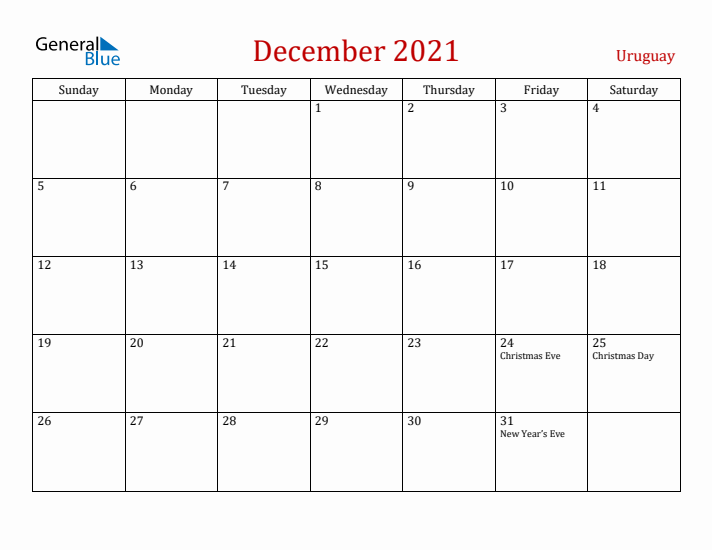 Uruguay December 2021 Calendar - Sunday Start