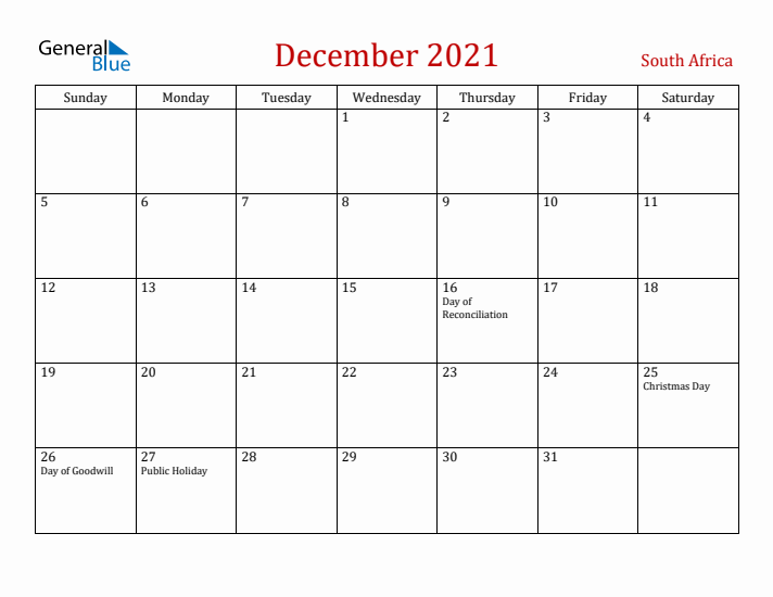 South Africa December 2021 Calendar - Sunday Start