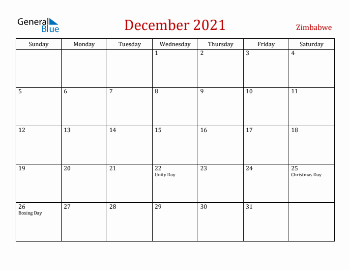 Zimbabwe December 2021 Calendar - Sunday Start