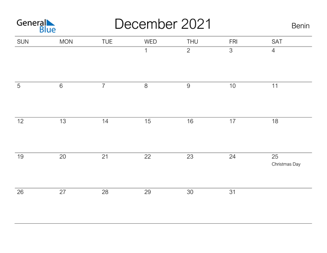 Printable December 2021 Calendar for Benin