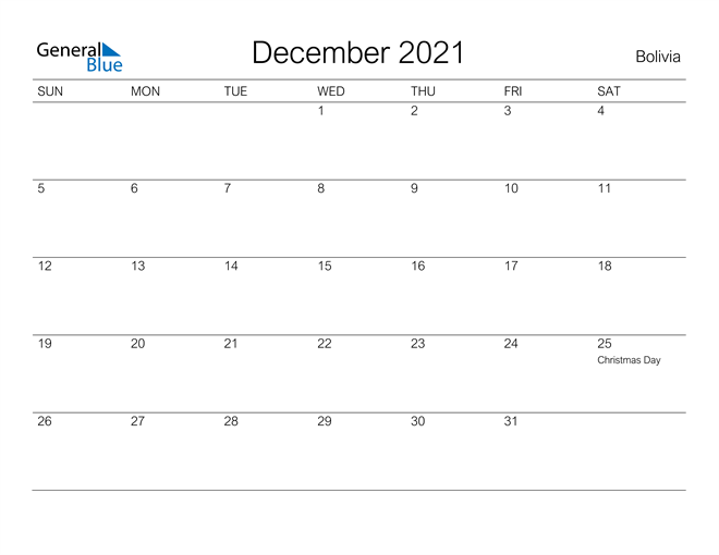 Printable December 2021 Calendar for Bolivia