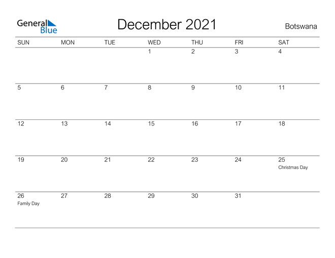 Printable December 2021 Calendar for Botswana