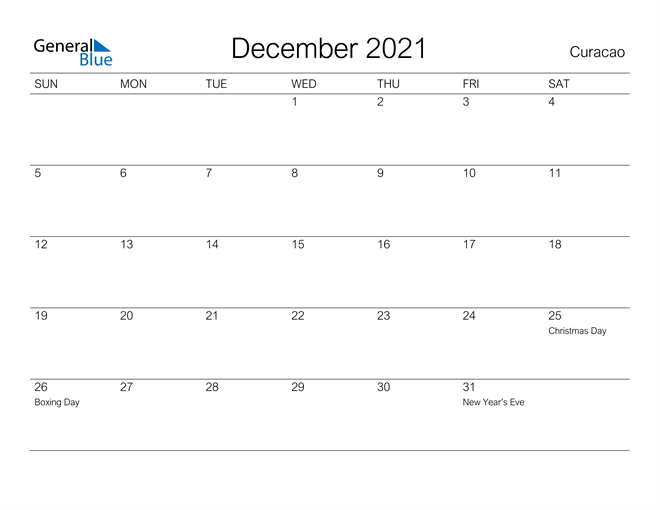 Printable December 2021 Calendar for Curacao