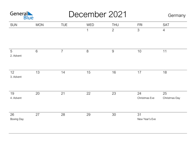 Printable December 2021 Calendar for Germany