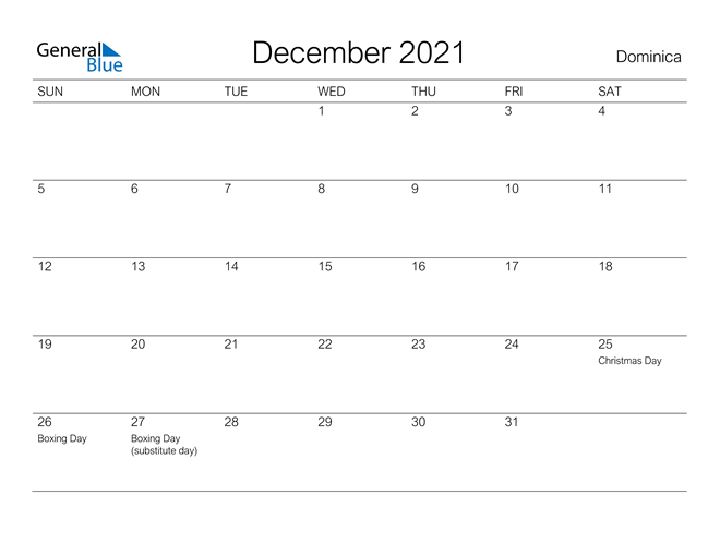 Printable December 2021 Calendar for Dominica