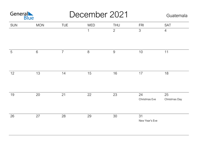 Printable December 2021 Calendar for Guatemala
