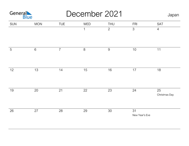 Printable December 2021 Calendar for Japan