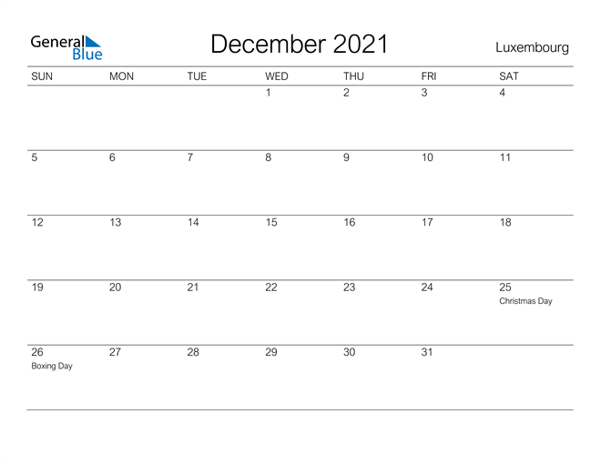 Printable December 2021 Calendar for Luxembourg