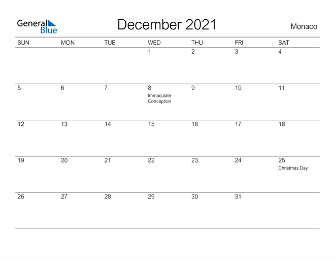 Printable December 2021 Calendar for Monaco
