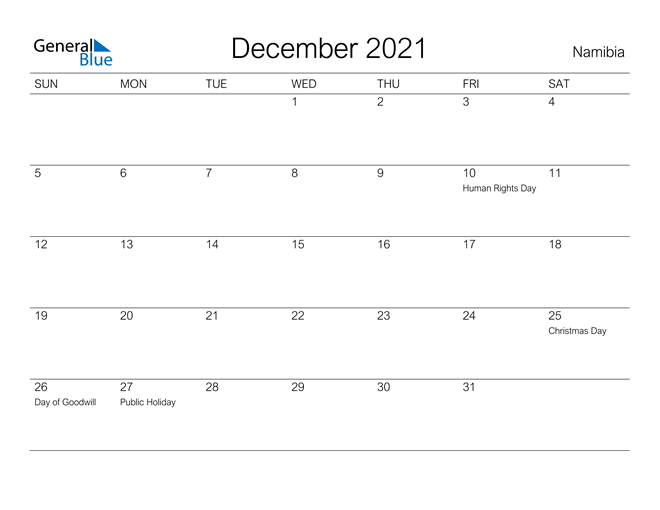 Printable December 2021 Calendar for Namibia