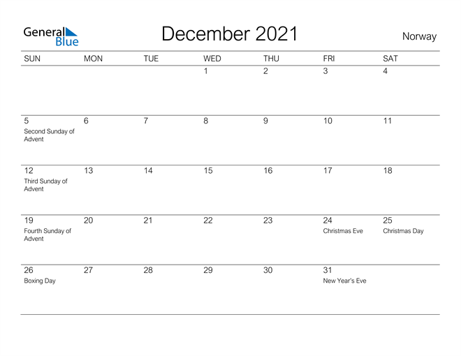 Printable December 2021 Calendar for Norway