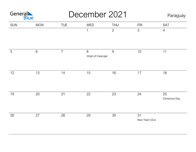 Printable December 2021 Calendar for Paraguay