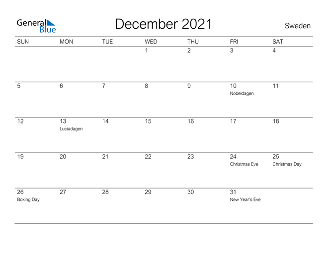 December 2021 Calendar - Sweden