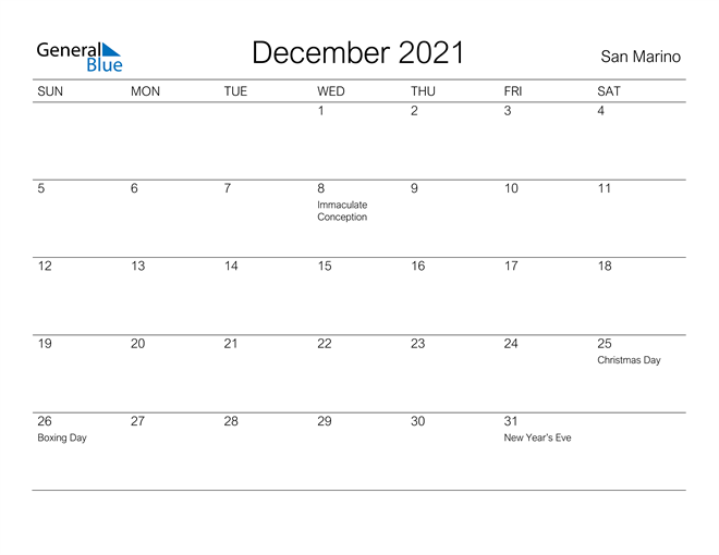 Printable December 2021 Calendar for San Marino