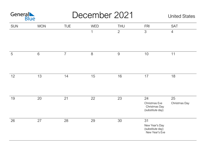 Printable December 2021 Calendar for United States