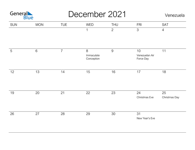 Printable December 2021 Calendar for Venezuela