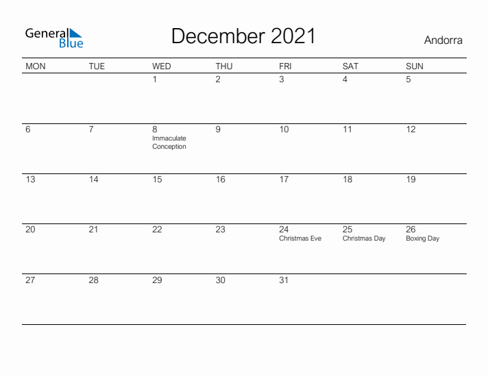Printable December 2021 Calendar for Andorra