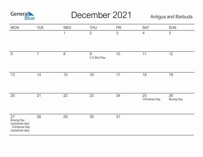 Printable December 2021 Calendar for Antigua and Barbuda