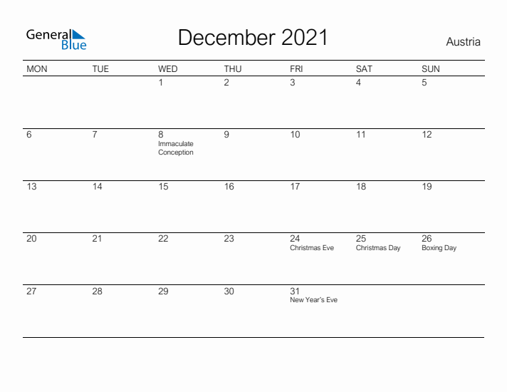 Printable December 2021 Calendar for Austria