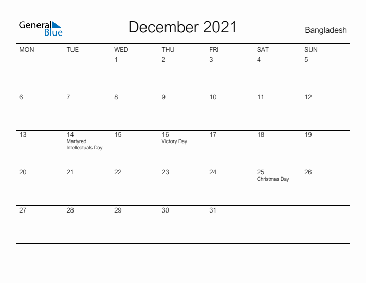 Printable December 2021 Calendar for Bangladesh
