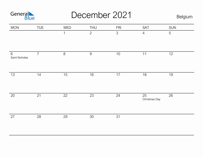 Printable December 2021 Calendar for Belgium