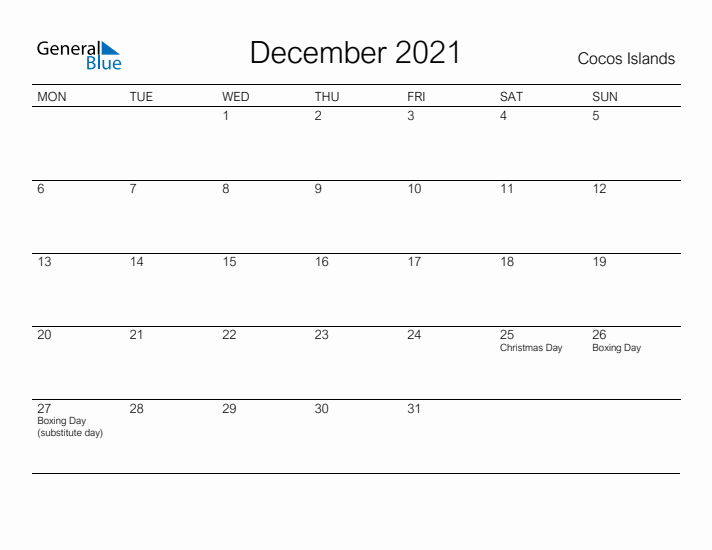 Printable December 2021 Calendar for Cocos Islands