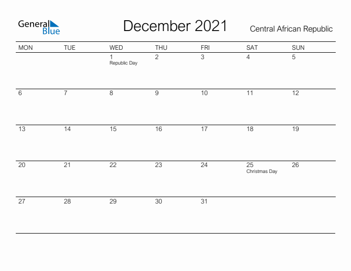 Printable December 2021 Calendar for Central African Republic